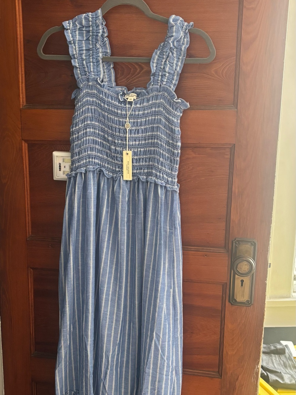 Blue Striped Womens Smocked Bodice Maxi Dress